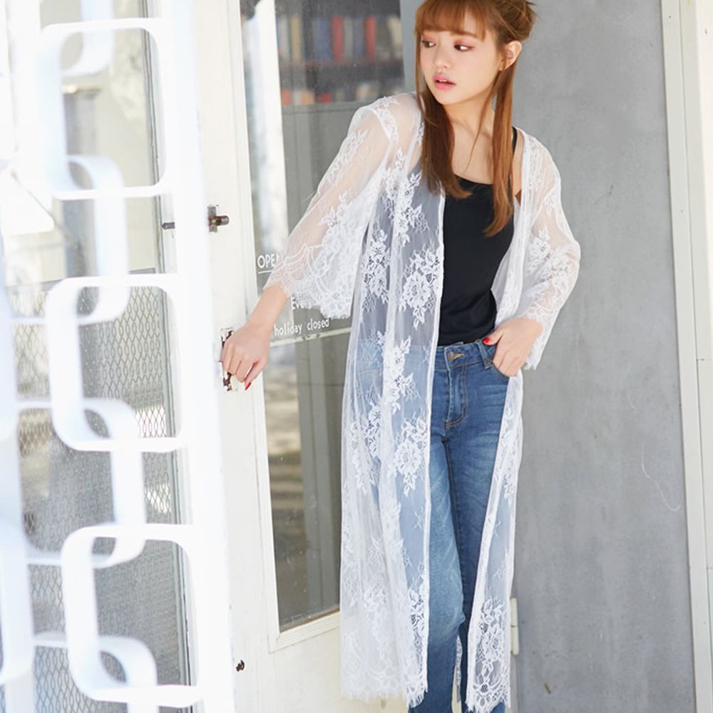 日本 GRL - 仙氣蕾絲刺繡七分袖罩衫-天使白 (M)