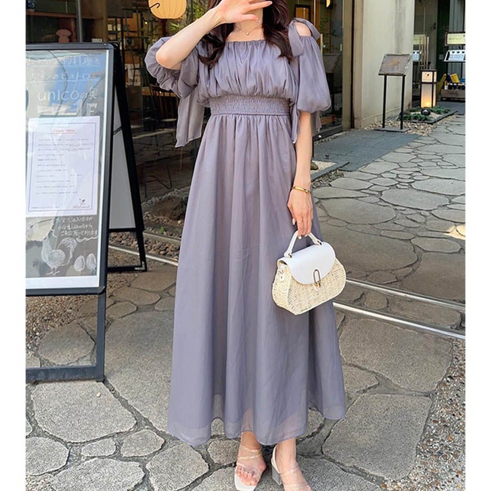 肩蝴蝶結 飄逸束腰澎澎袖洋裝-灰 (F)