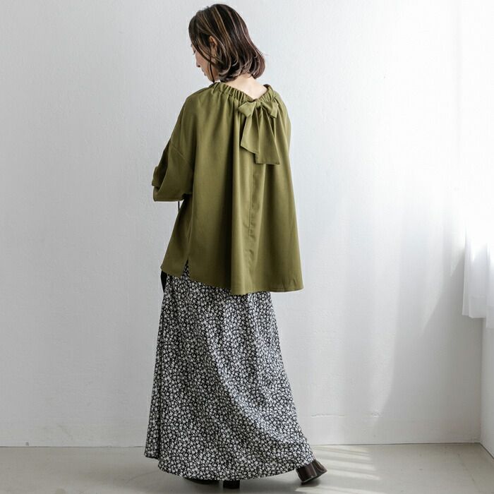 日本 ihuu - 甜美氣質後綁帶長袖上衣-橄欖綠