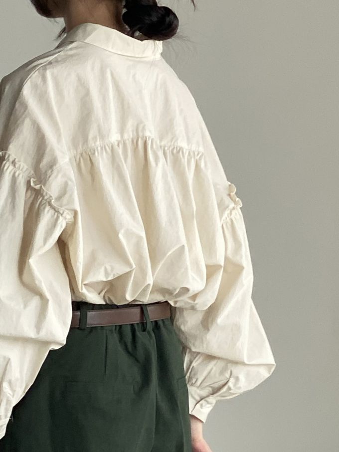 韓國女裝連線 - 極簡拼接翻領長袖襯衫-米杏 (FREE)