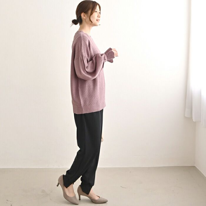 日本 ihuu - 氣質花瓣領糖果袖針織上衣-酒紅