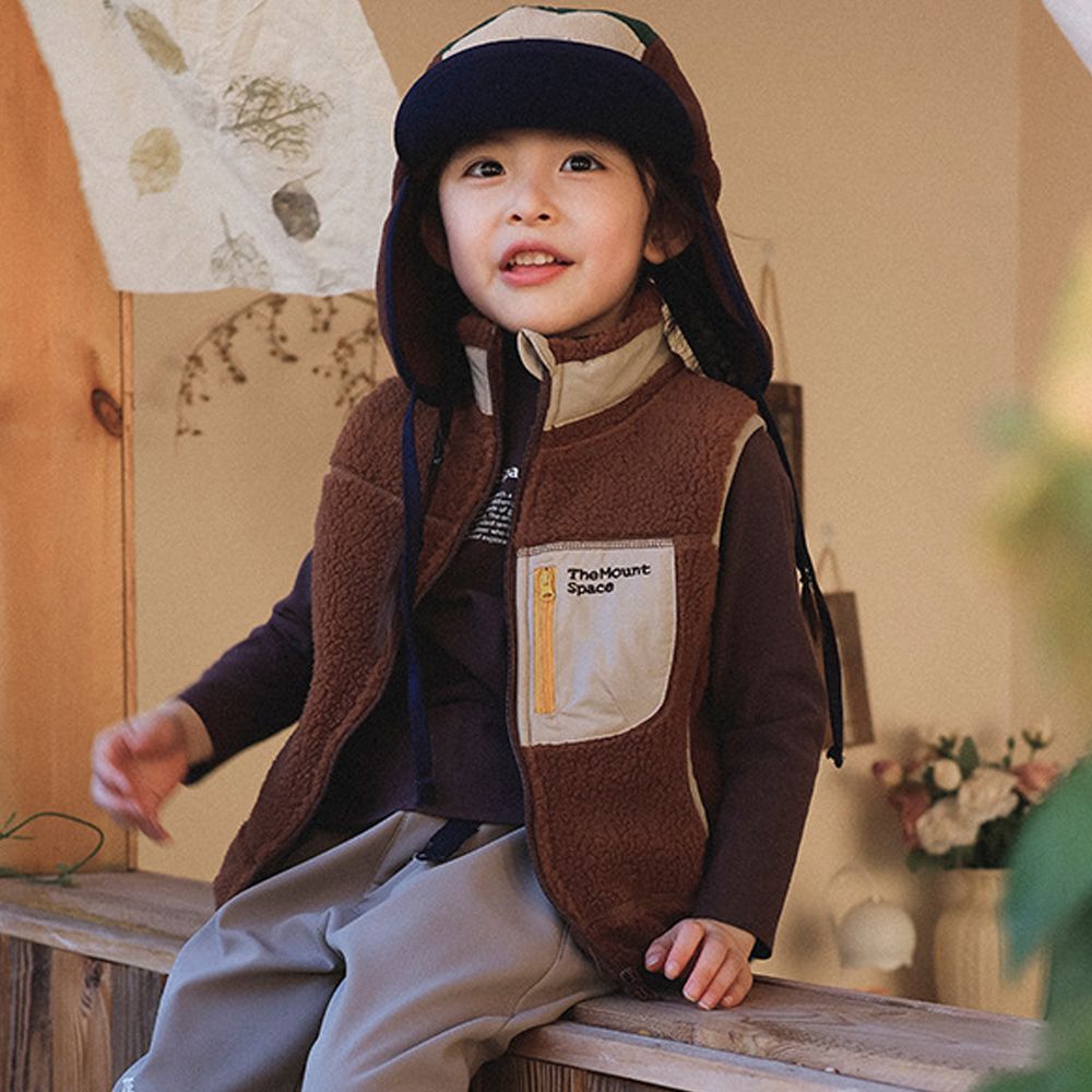 羊羔絨感拼色小立領背心-咖啡色