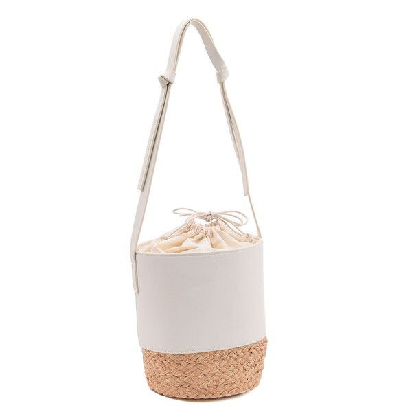 日本 COOCO - 束口仿皮X藤編拼接水桶手提包-銀 (16x20x16cm)