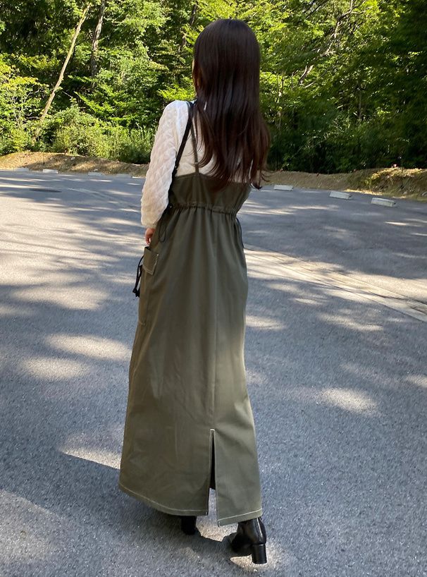 日本 GRL - 聯名款 側抽繩工裝風吊帶裙-黑 (F)