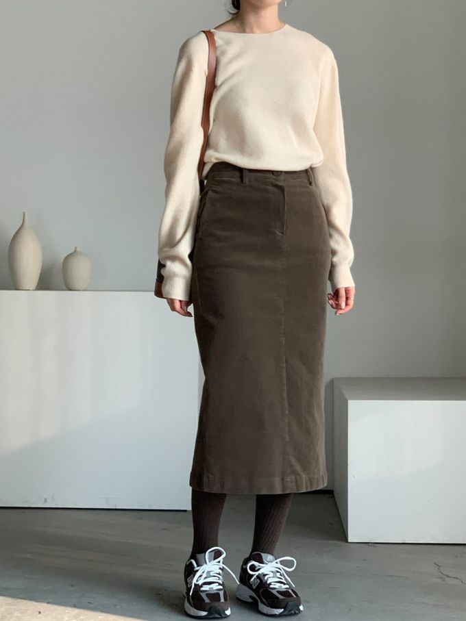 韓國女裝連線 - 薄燈芯絨直筒後開衩中長裙-摩卡咖