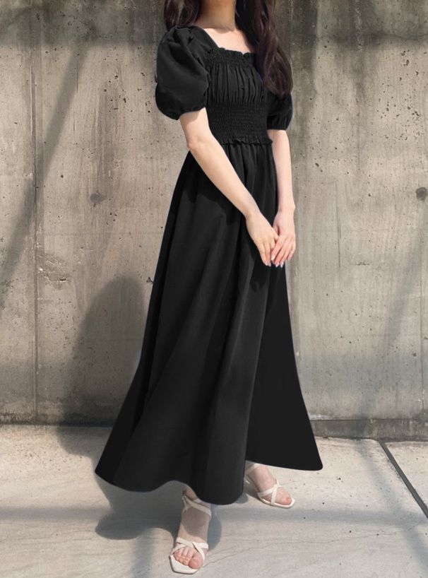 日本 GRL - 優雅公主方領泡泡袖洋裝-奶茶杏 (M)