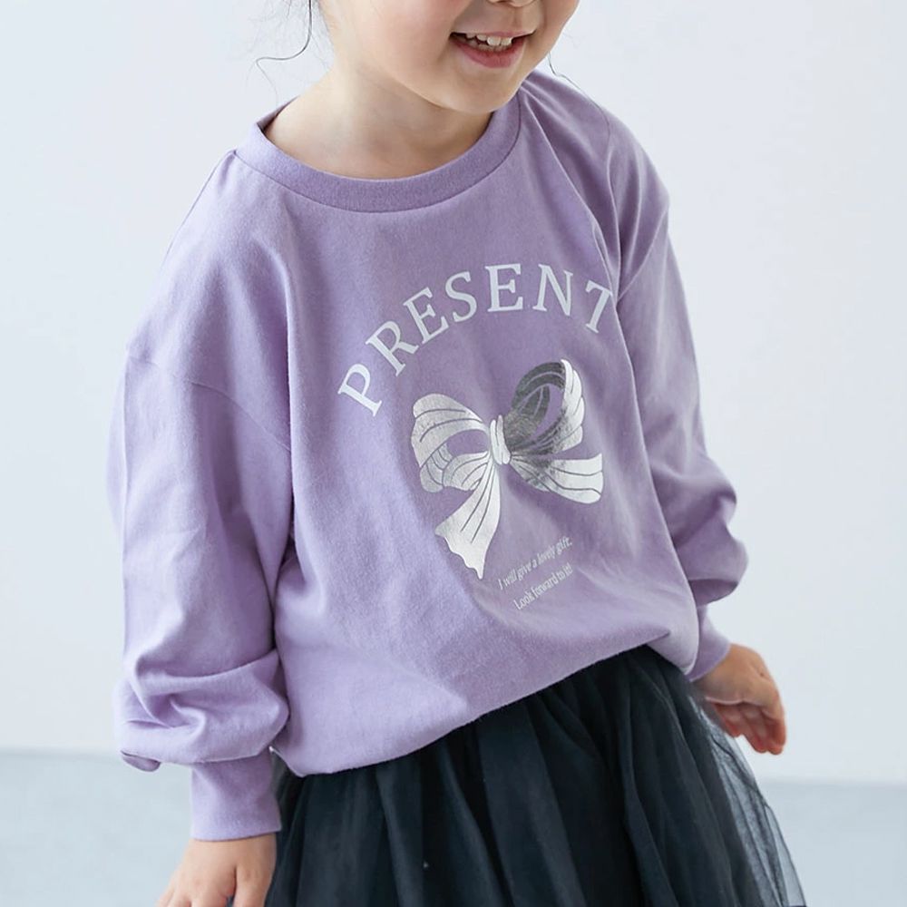 100%棉 閃亮金屬印花長袖上衣-蝴蝶結-紫羅蘭