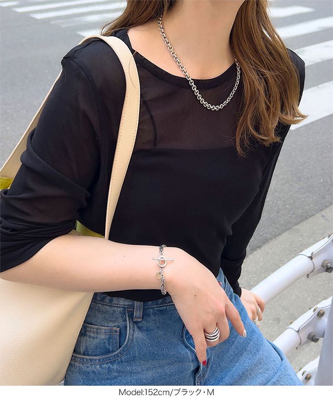 日本 Kobe Lettuce - 華美透膚內搭長袖上衣-光澤木耳領-黑