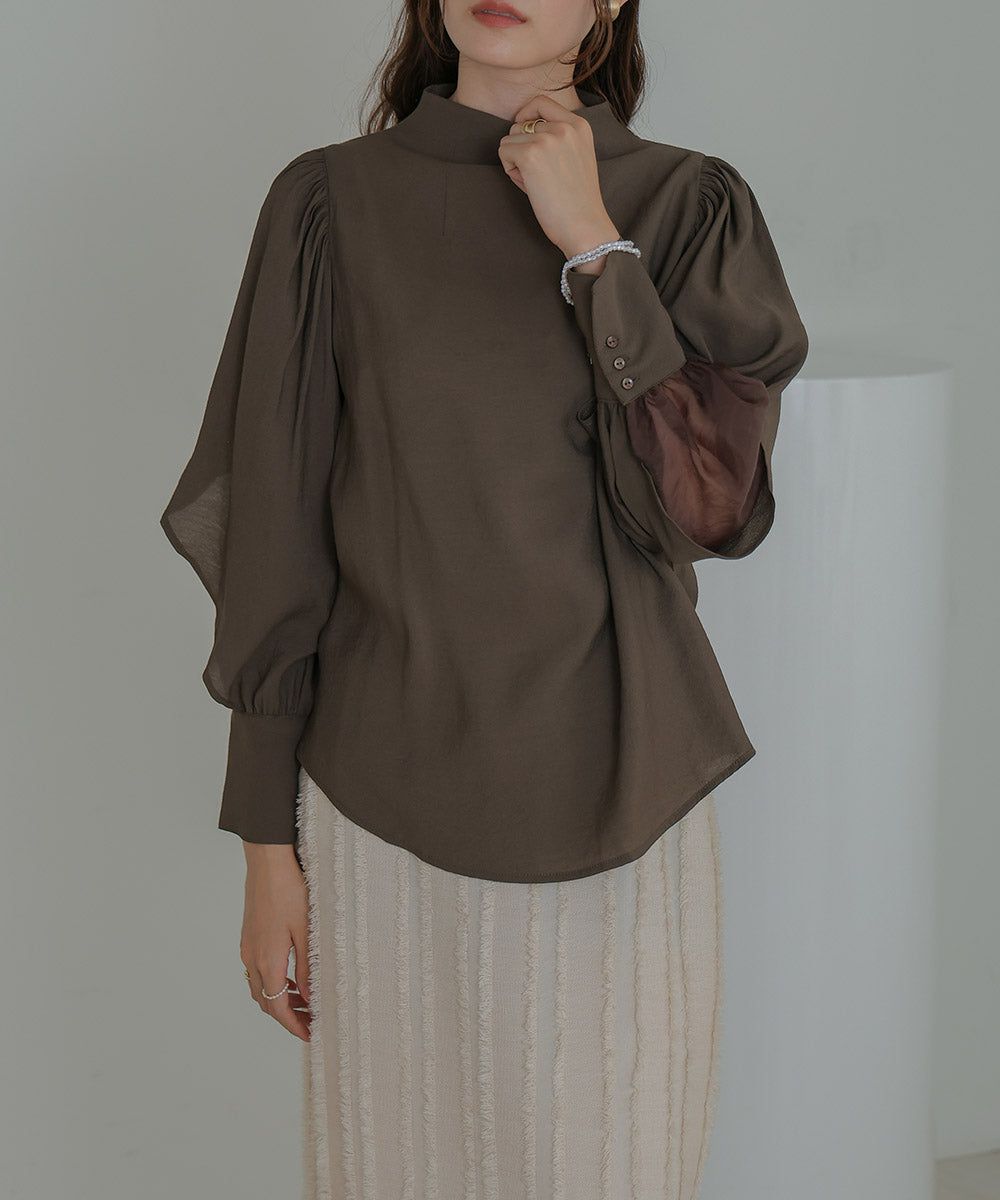 日本 Bab - 柔美紗拼接袖雪紡上衣-深可可