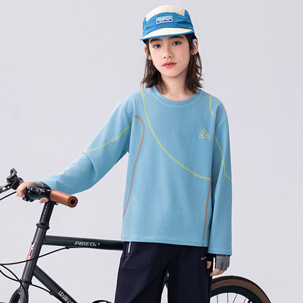 吸濕排汗圓領長袖上衣-撞色車線-湖水藍