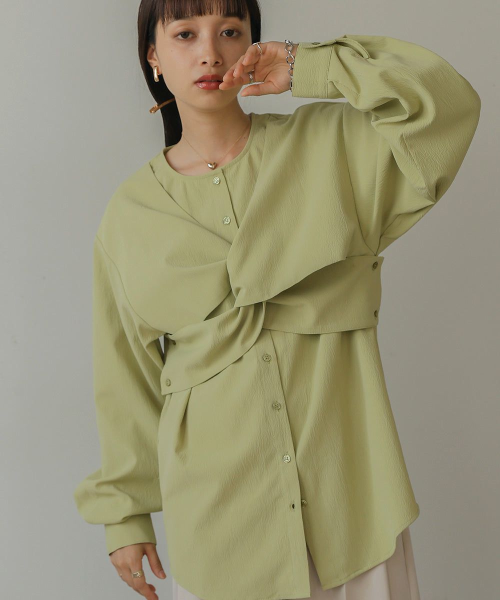 日本 Bab - 時尚扭結設計長袖襯衫-淺綠