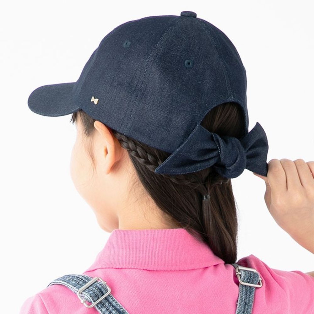 日本 irodori - 100%棉厚磅蝴蝶結遮陽老帽-兒童款-深藍 (約54cm)