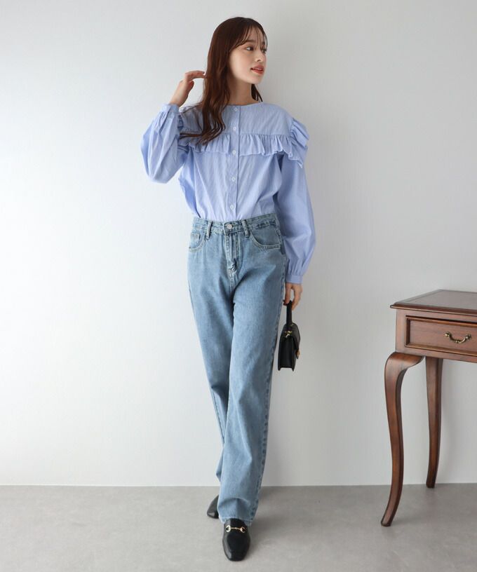 日本 BLUE EAST - 青澀回憶荷葉邊長袖襯衫-湖水綠