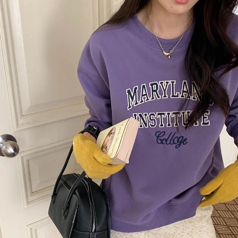 長袖大學T-慵懶撞色字母-紫色 (F)