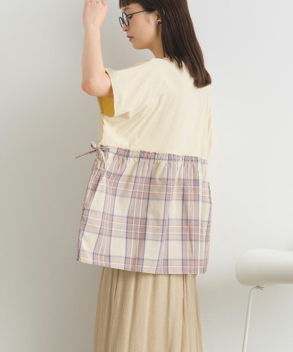 日本女裝代購 - 清新側綁帶拼接短袖上衣-卡其格紋