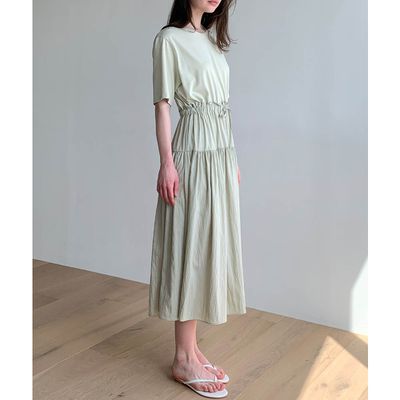 韓國女裝連線 - 清新感腰線抓褶短袖洋裝-灰綠 (FREE)
