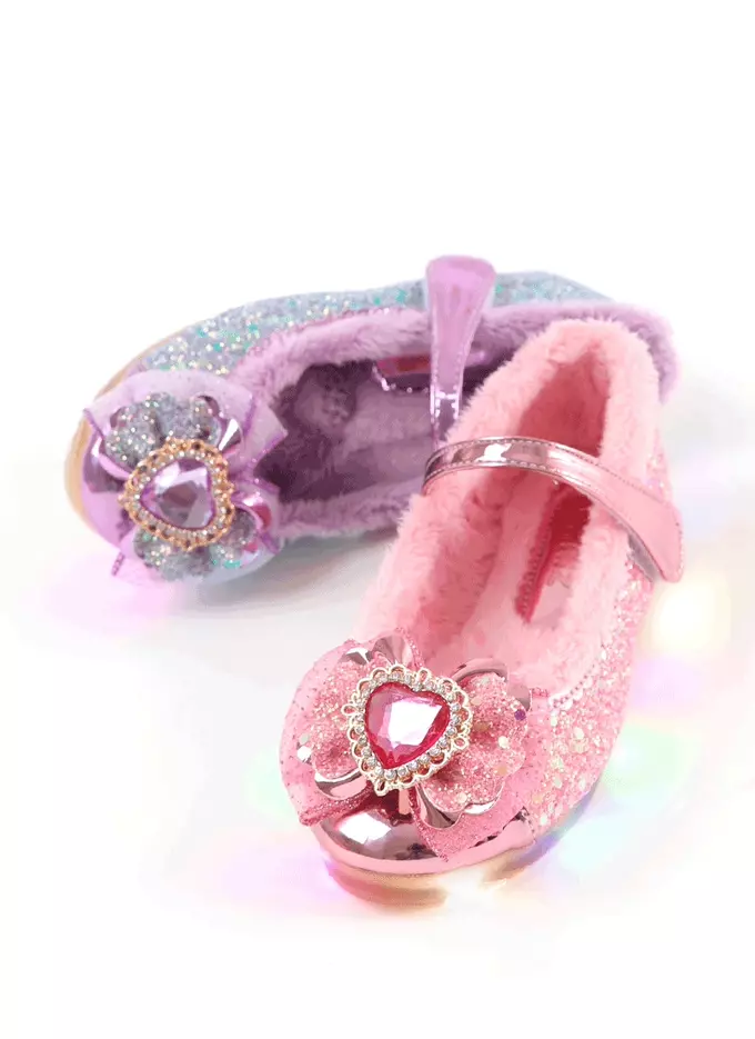 韓國 OZKIZ - (LED)蝶結愛心拼接刷毛矮跟皮鞋-紫