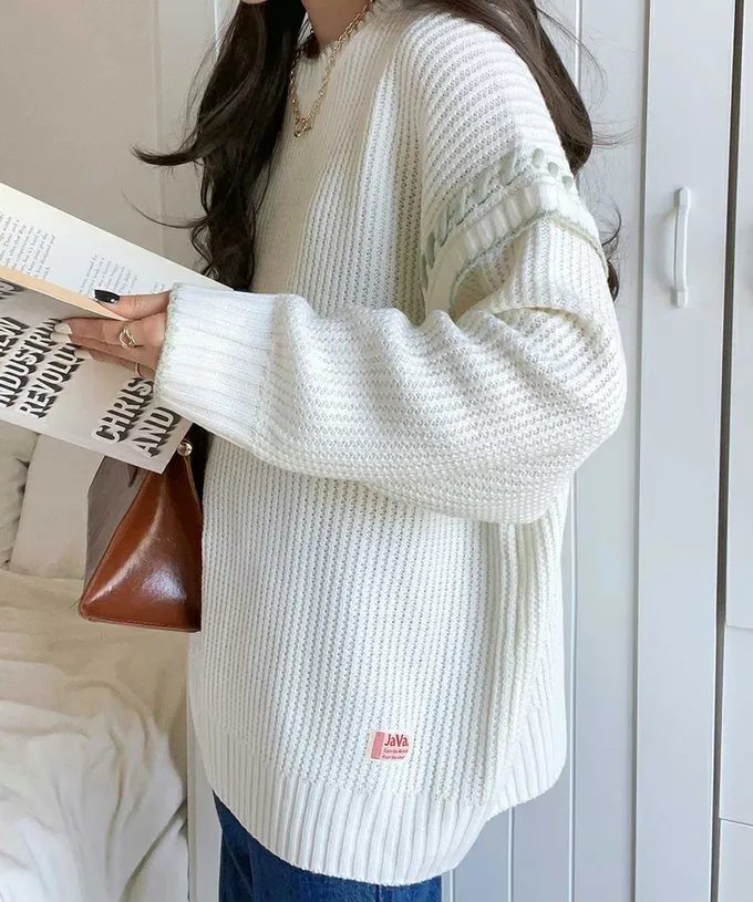 日本 Classical Elf - Java 落肩滾邊縫線粗針織長版上衣-白x灰