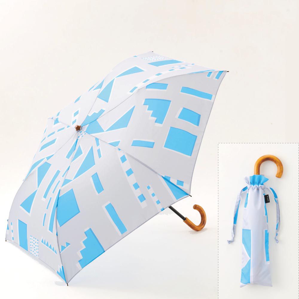 日本代購 - 輕量質感J型手把折疊傘/雨傘-幾何想像-水藍 (直徑90cm)