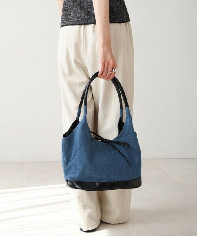 日本 Bab - 異素材成熟感蝴蝶結氣質手提包-藍x黑