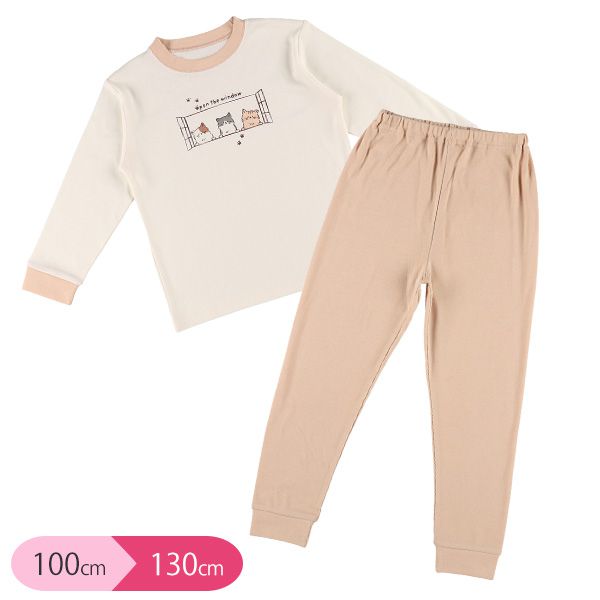 日本西松屋 - 印花長袖睡衣-窗台貓咪-杏-JNY-17480