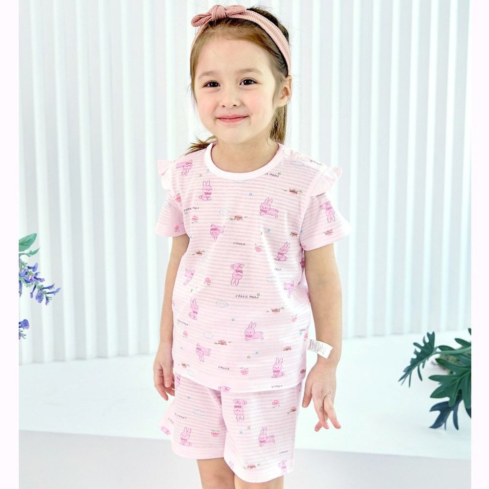透氣條紋提花棉短袖家居服-萌萌叢林兔-淺粉