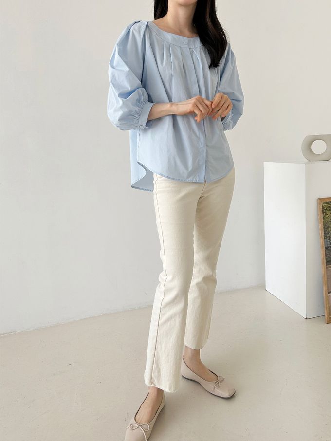 韓國女裝連線 - 氣質抓褶圓領七分袖襯衫-白 (FREE)