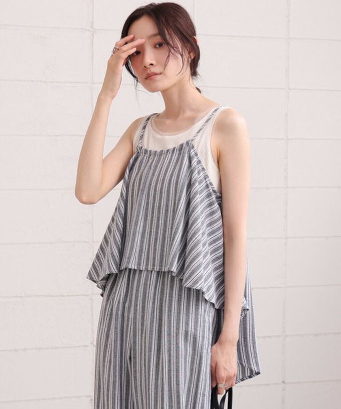 日本 Bab - 簡潔舒適混棉細肩帶長褲套裝-條紋-卡其杏 (M)