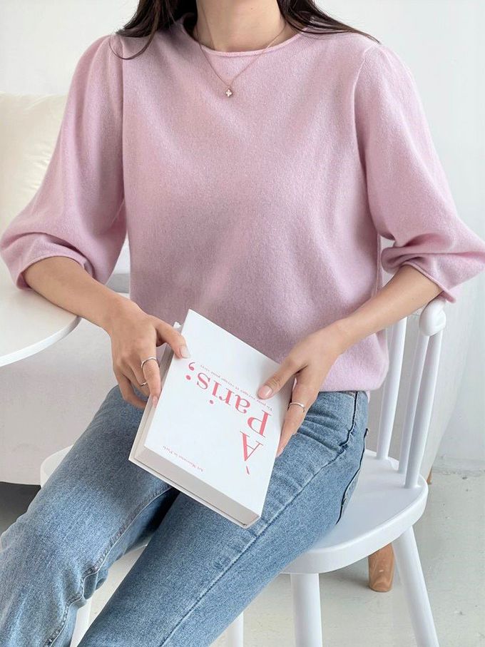 韓國女裝連線 - 不刺膚！喀什米爾羊毛七分袖針織上衣-燕麥 (FREE)