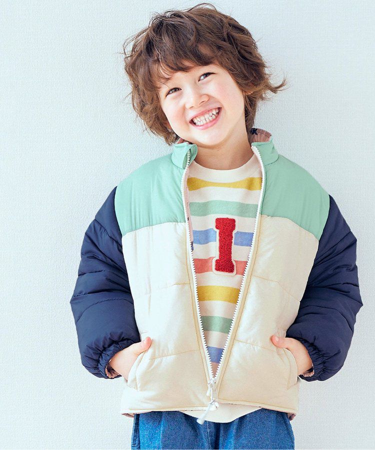 日本 apres les cours - 珍珠光澤正反2WAY鋪棉外套(可機洗)-彩色幾何-橘棕