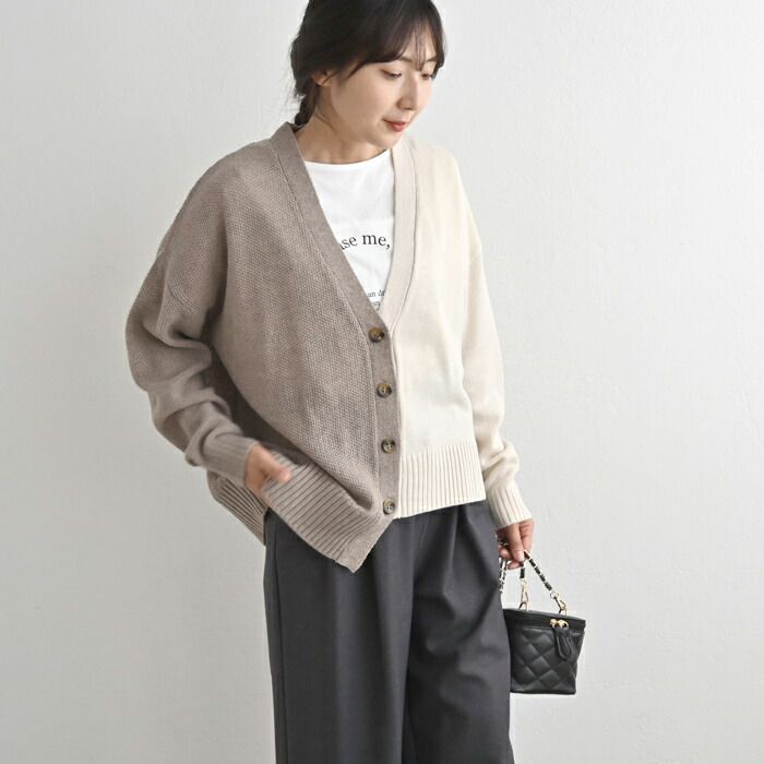 日本 ihuu - V領不對稱撞色薄針織外套-深灰x黑