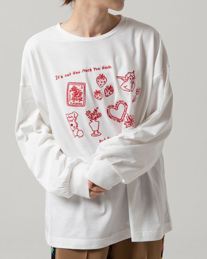 日本 gleam - 甜蜜刺繡印花休閒寬版長袖T恤-白