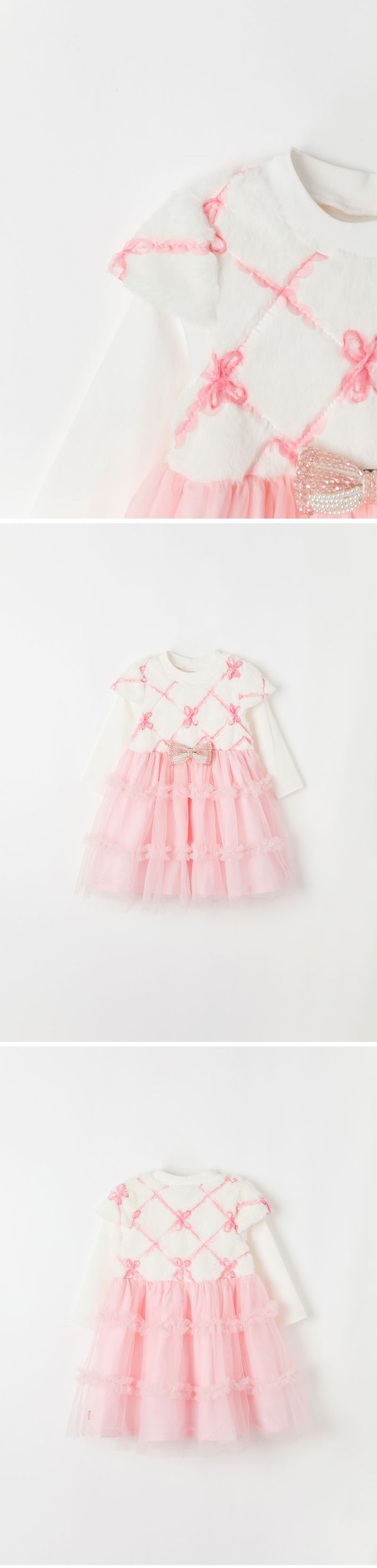 韓國 OZKIZ - 毛絨拼接蝶結網紗洋裝-白X粉