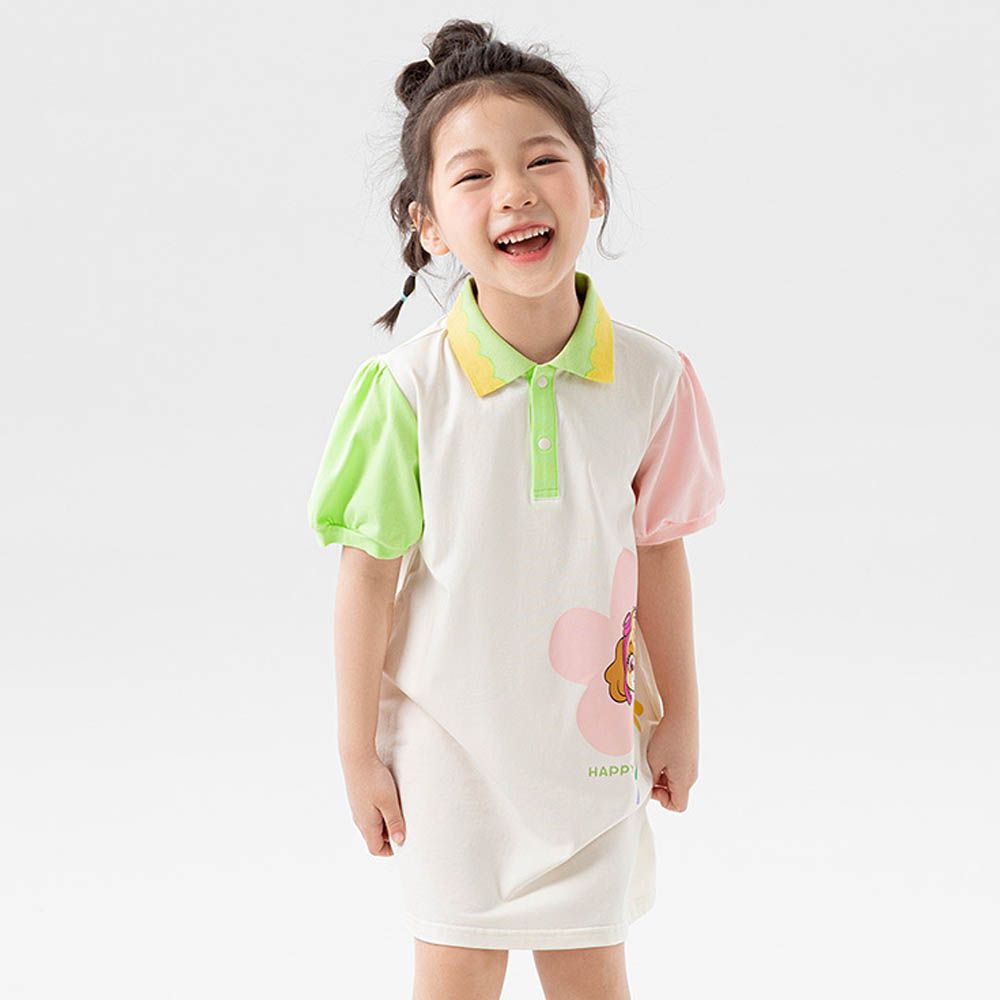 卡通汪汪隊圓領翻袖短袖洋裝-卡通人物天天-拼色米