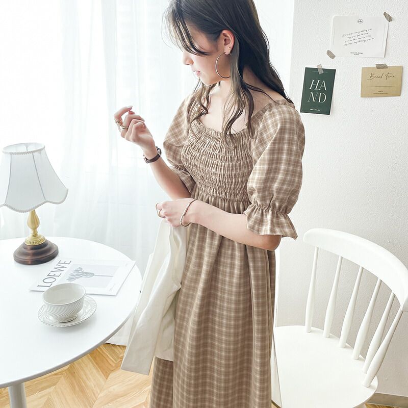 日本 Classical Elf - 歐風文藝泡泡袖紗拼接洋裝-格紋-草綠