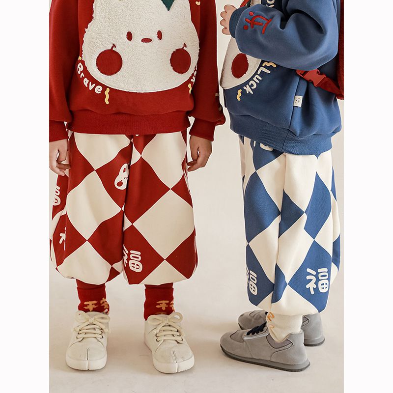 TONGMO - (加絨)喜氣腰鬆緊束口長褲-菱紋福氣兔兔-紅+杏