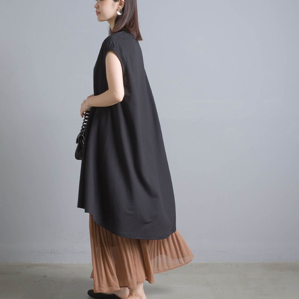 日本 OMNES - 接觸冷感 修身設計一分袖洋裝-黑 (F)