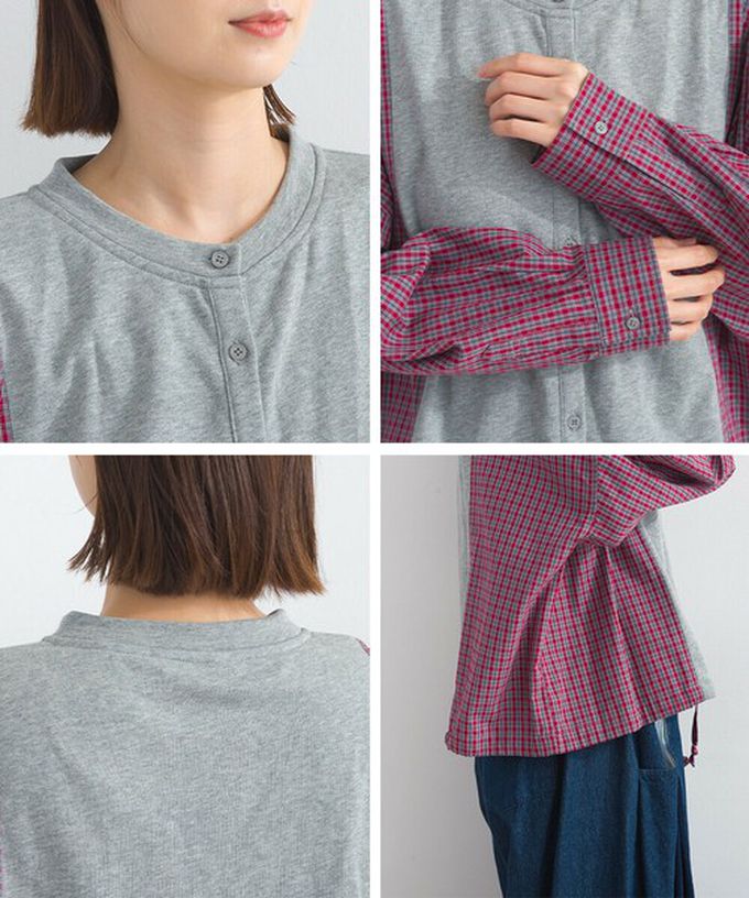 日本 Lupilien - 可愛格子拼接裏毛休閒襯衫-深灰x紅