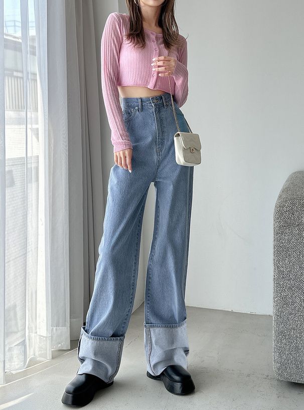 日本 GRL - 復古反折丹寧直筒褲-深藍