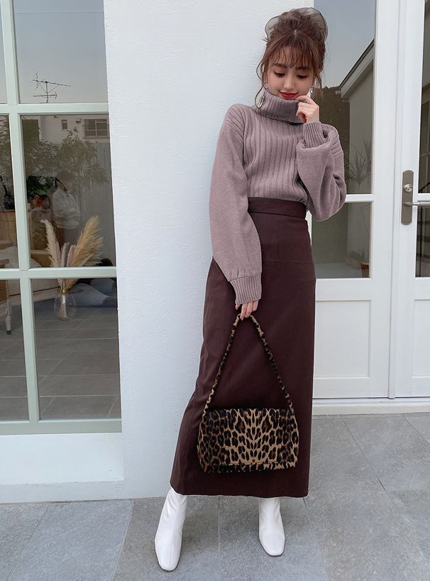 日本 GRL - 寬鬆高領羅紋針織上衣-杏褐