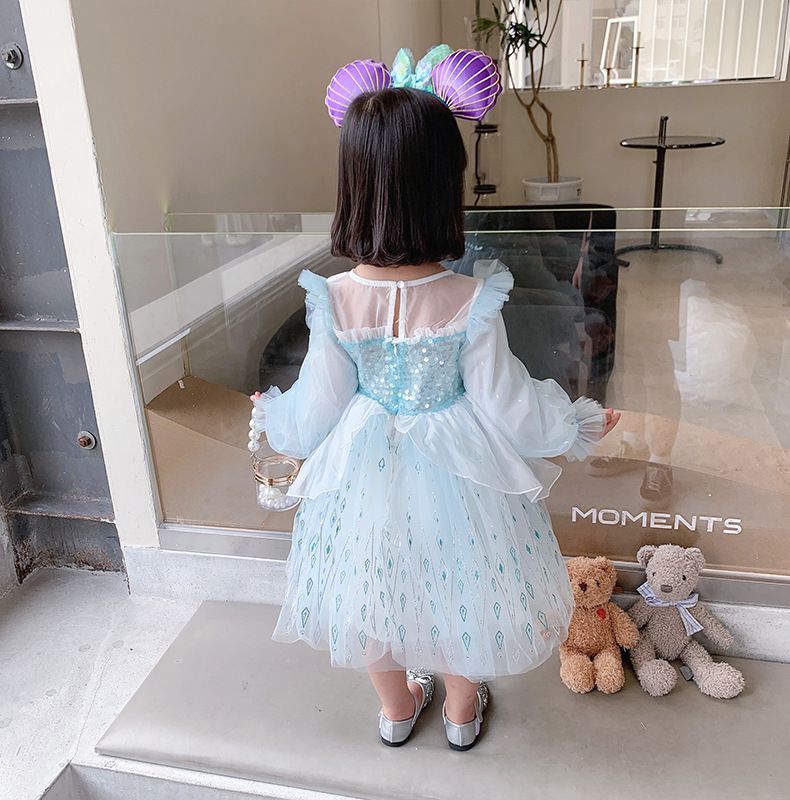 仙氣薄紗長袖洋裝-藍色