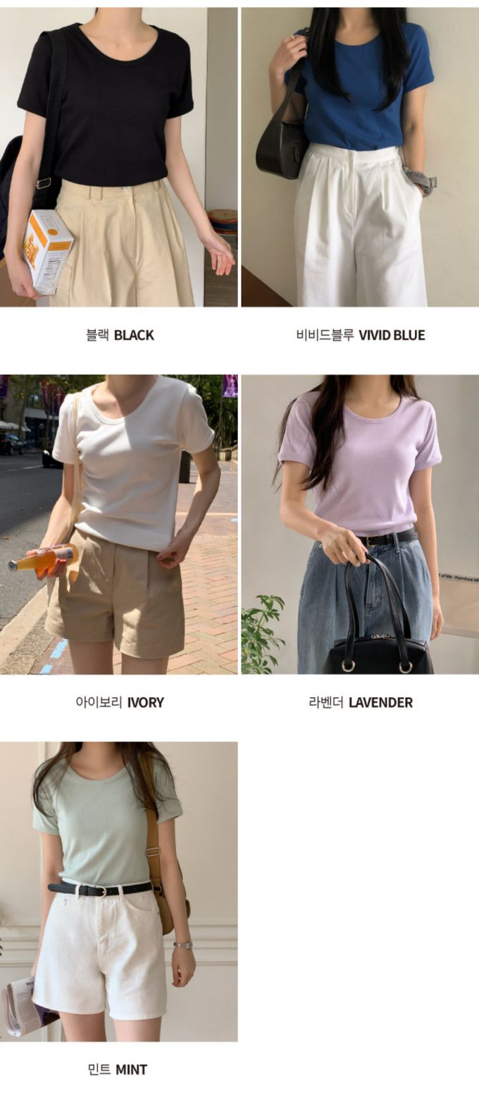 韓國 98doci - 好搭圓領修身後扣短袖上衣-象牙白