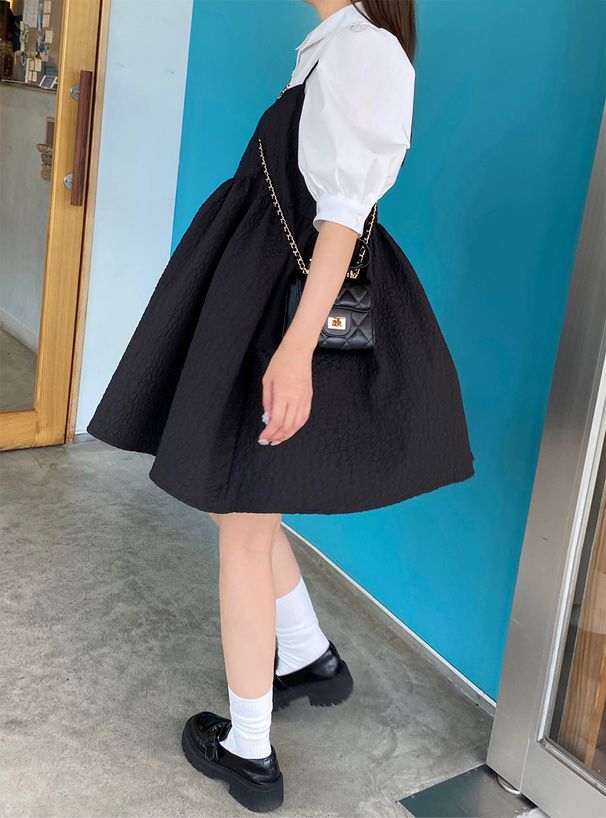 日本 GRL - 甜美泡泡布吊帶背心裙-黑 (F)