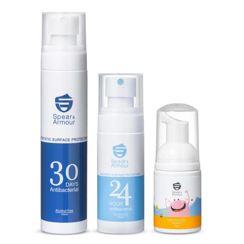 全面防護三入組-30天表面長效防護噴劑100ml+24小時表面防護噴劑50ml+長效乾洗手慕斯怪獸版柑橘香20ml
