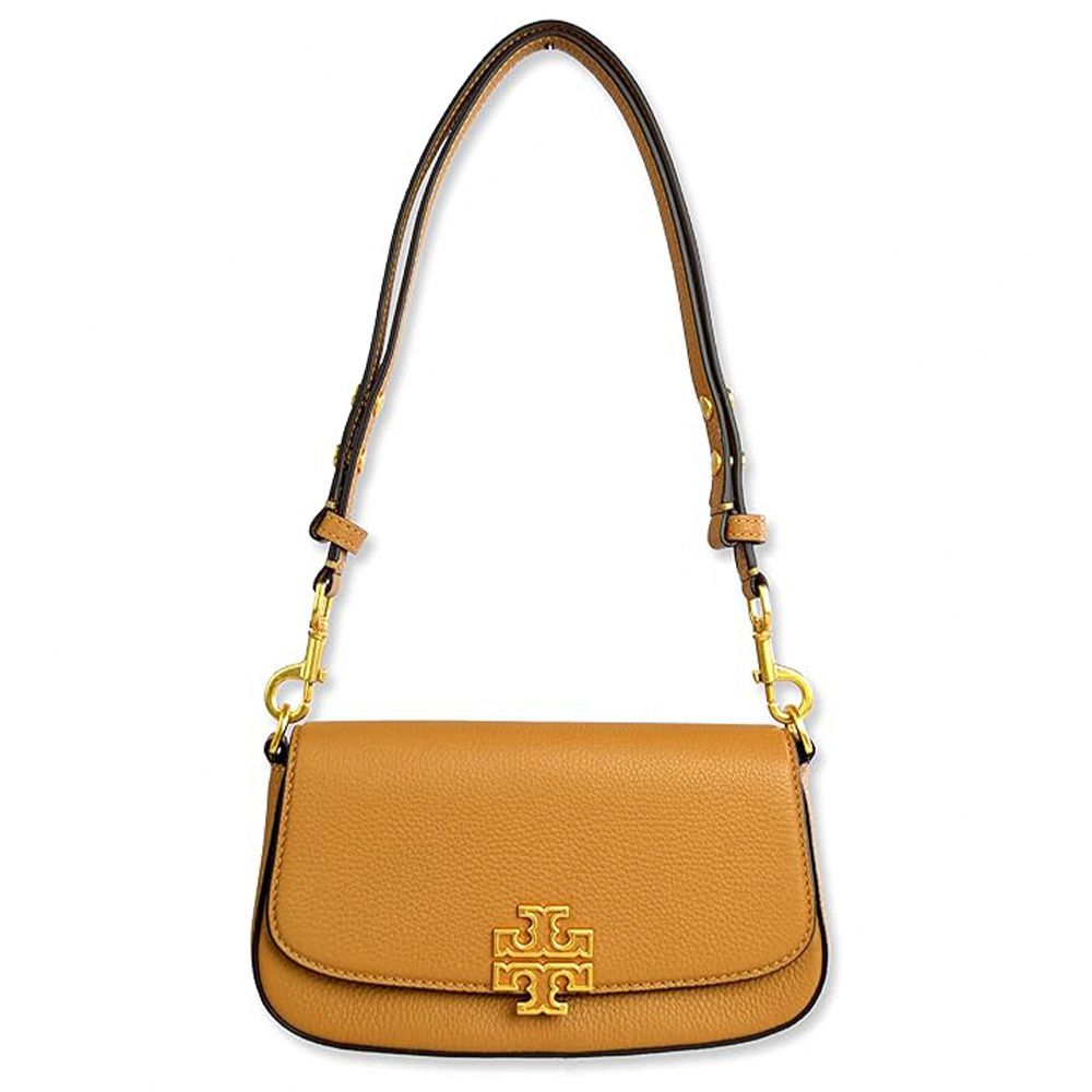 TORY BURCH - 雙T-LOGO皮革翻蓋斜背包 (駝)