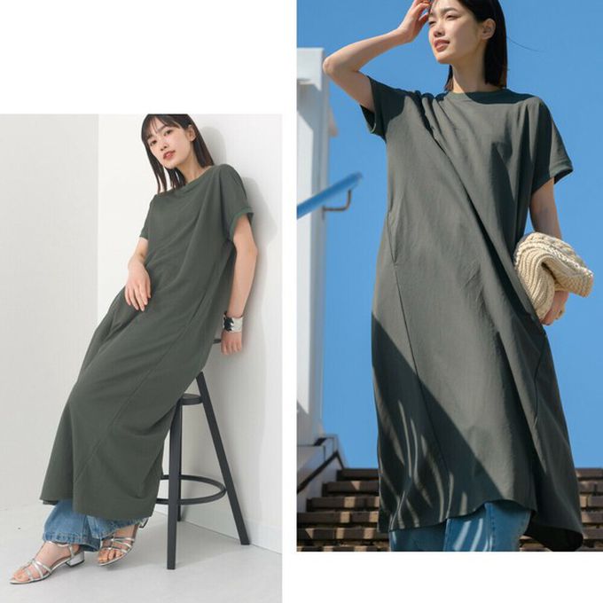 日本 OMNES - 接觸涼感 嫘縈圓領傘狀短袖洋裝-海軍藍