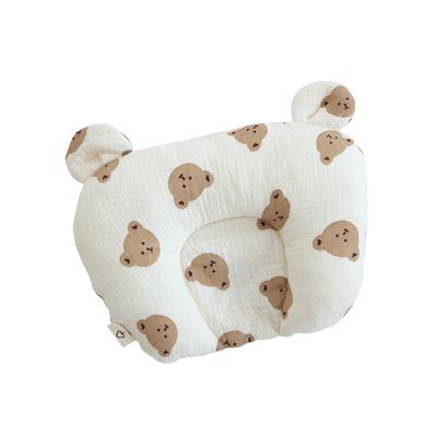 JoyNa - 嬰兒定型枕 紗布透氣枕頭 新生兒防扁頭枕頭-可愛熊頭 (22*26*5cm)