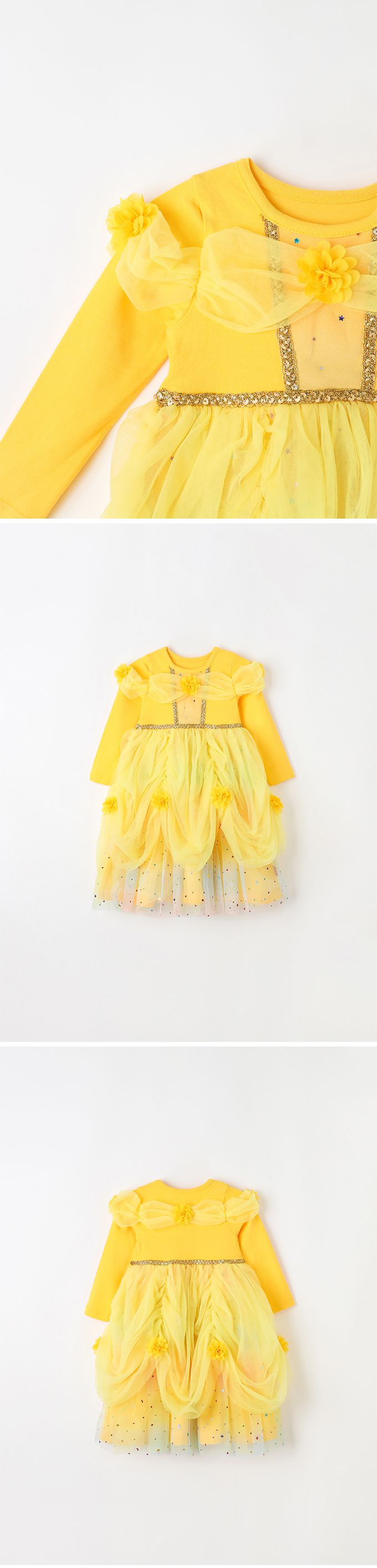 韓國 OZKIZ - (附配飾)花朵層次裝飾公主網紗洋裝-黃