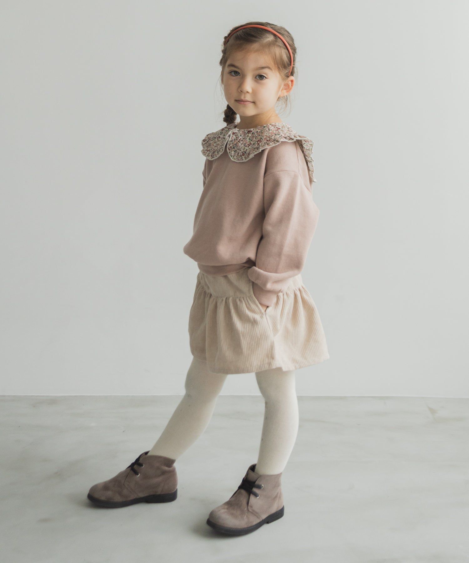 日本 PAIRMANON - 歐風翻領刷毛長袖上衣-碎花領-煙燻粉