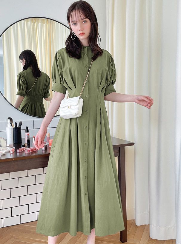 日本 GRL - 文藝氣息泡泡袖排釦洋裝-深藍